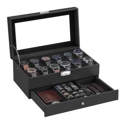 12-Slot Watch Box,  2-Layer PU Display Case Watch Holder Organizer with Large Glass Lid