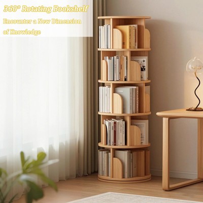ORRD 5-Tier 360° Rotating Bookshelf, Spinning Display Stand for Small Spaces, Space-Saving Storage Tower, Wood Finish