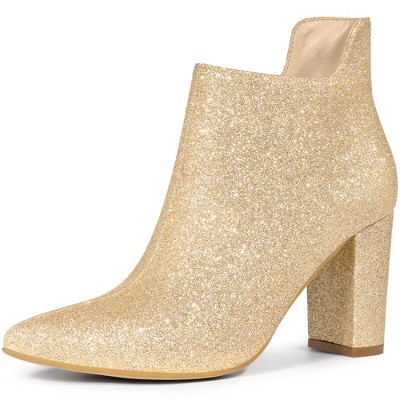 Allegra K Women's Pointed Toe Cutout Block Heels Glitter Ankle Booties