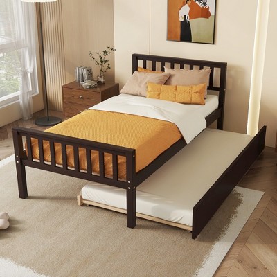 Whisen Twin Size Wood Platform Bed Frame with Trundle, with Headboard and Footboard