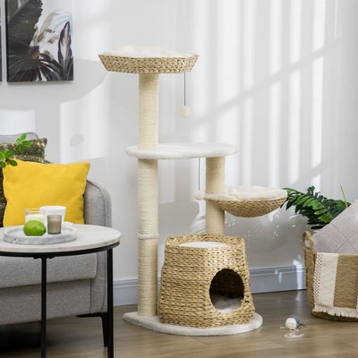 SEVOBAL Cat Tree Kitty Activity Center, Cat Climbing Toy with Cattail Fluff, Bed, Condo, Sisal Scratching Post, Natural, (19.8"*19.8"*46.8")