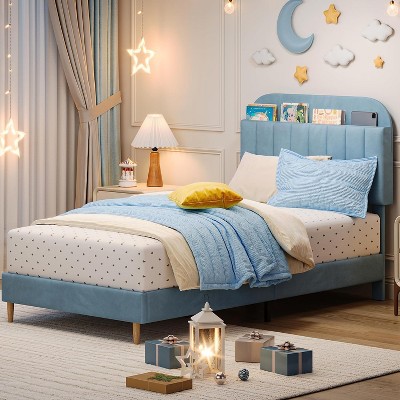 Bed Frame with Storage Headboard, Velvet Upholstered Platform Bedframe