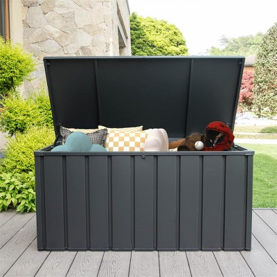 Lyngins 100 Gallon Outdoor Storage Box, Galvanized Steel Deck Box Outdoor Waterproof, Lockable Lid, Multi-Use as Table/Stool, Patio Storage Box