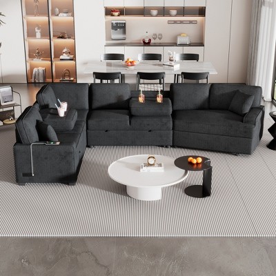 126"W Convertible Sectional Sofa Couch Set, Pull-out Sleeper Sofa Bed with Charging Devices and Cup Holders 4S -ModernLuxe