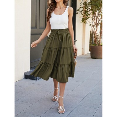 Womens Skirts Flowy A Line Tiered Ruffle Layered Midi Skirt