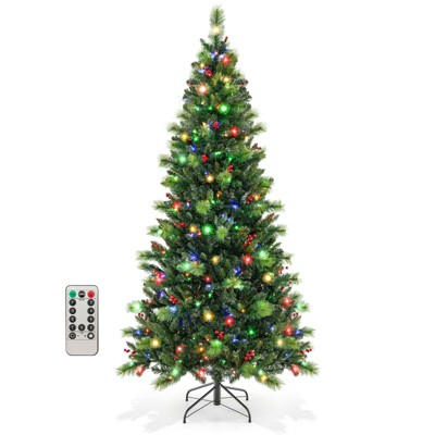 Tangkula 6/7/8 FT Artificial Christmas Tree with 670/974/1272 Branch Tips Pine Needles 300/400/500 Multi-Color & Warm-White LED Lights