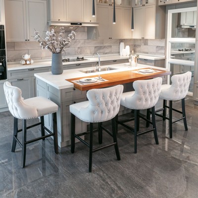 PAGED Counter and Bar Stools,Velvet Upholstered Wind-Back Chairs with Button Tufted Decoration and Wooden Legs for Kitchen,Set of 2