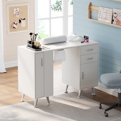 coucheta Table Station with Dust Collector, Dust Bag and Wrist Cushion, Modern White Nail Desk for Nail Tech with Drawers and Storage Cabinet