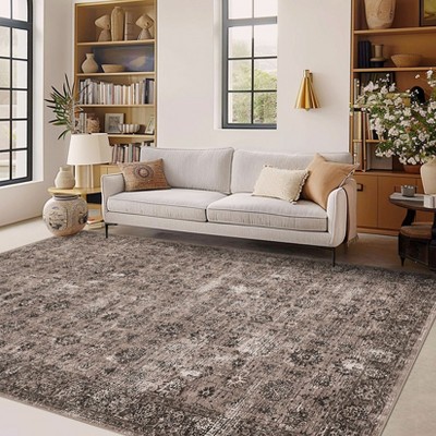 Washable Rugs,Area Rug for Living Room Bedroom, Washable Brown Rug Vintage Print Carpet