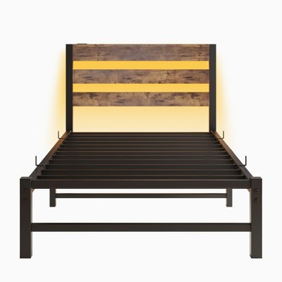 NicBex  Bed Frame with Headboard,LED Lights and Charging Station for Adults,Boys,Girls,Brown/Black