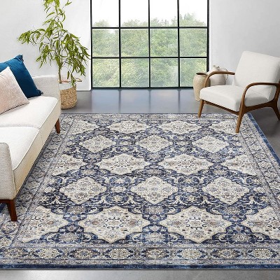 5x7 Machine Washable Vintage Area Rug, Low-Pile Non-Slip Foldable Carpet, Stain-Resistant Indoor Floor Cover for Living Room, Bedroom, Dining, Blue