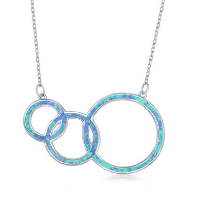 Opalata Sterling Silver Blue Inlay Opal Triple Open Circle Third Generation Necklace - Blue - 16+2 Inch