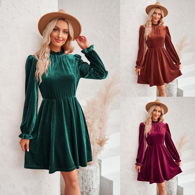 Coolmee Women Casual High Neck Elastic Waistline Long Sleeve Velvet Midi Dress Wedding Guest Short Wrap Tunic Formal Dress
