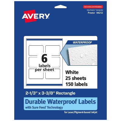 Avery Durable Waterproof Rectangle Labels with Sure Feed, 2-1/3" x 3-3/8"