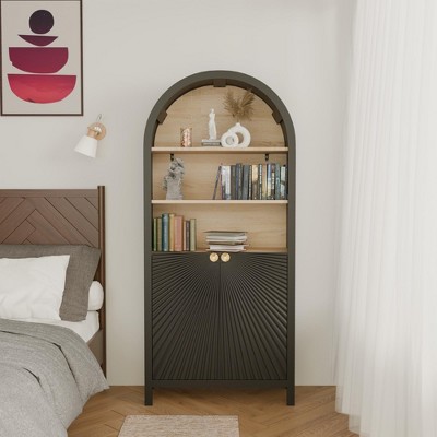 TIRAMISUBEST BOOKCASE Arched Wood Frame 3/4/5Tier Wood Shelves Cabinet Door Mid Century Modern Open Display Storage