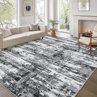9x12 Black/Grey Abstract Rug,Washable Ultra-Thin Low-Pile Non-Slip Throw Carpet for Living Room,Bedroom,Office, Foldable Stain-Resistant Floor Cover