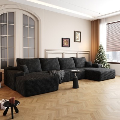 135" Cloud Plush Corduroy Modular U-Shaped Sectional Sofa with Right Chaise and Ottoman, Floor Design, No Assembly