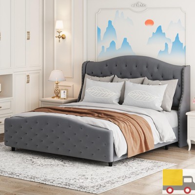 Queen Size Upholstered Bed Frame with Wingback Button Tufted Headboard, Platform Bed with Metal and Wood Frame, No Box Spring Needed