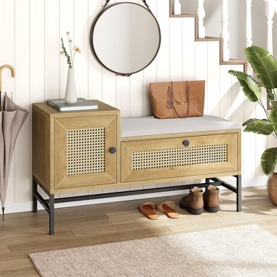Rattan Shoe Bench Entryway Bench with Storage Drawer and Cabinet