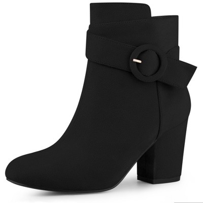 Perphy Women's Round Toe Side Zip Buckle Decor Chunky Heel Ankle Boots