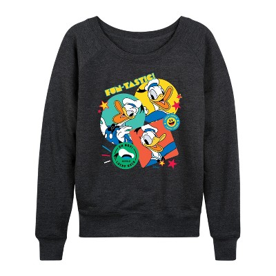 Women's - Disney - Donald Duck Sticker Look Lightweight French Terry Wide Neck Long Sleeve Graphic Shirt