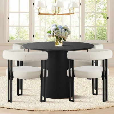 5-Piece Round Dining Table Set, Modern Pedestal Table and Upholstered Fabric Dining Chairs with Metal Legs, Kitchen Dining Set for 4-Maison Boucle