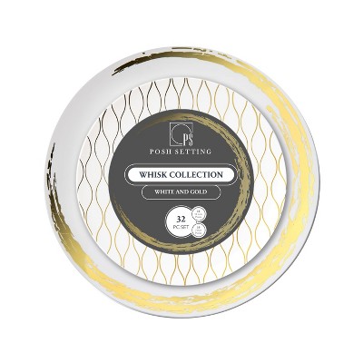 Posh Setting 32 Piece Combo Pack White and Gold Round Plastic Dinnerware Set - 16 Settings - Whisk