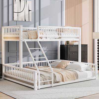 Okak Minimalist Metal Frame Twin/Full XL over Queen Floor Bunk Bed with Ladder & Guardrails,Modern Bed Frame for Bedroom,Kids Room