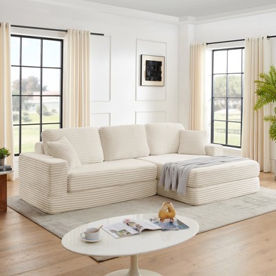 112.6" Modern Corduroy L-Shape Modular Floor Sectional Sofa with Right Arm Chaise Lounge, Convertible into a Queen Bed