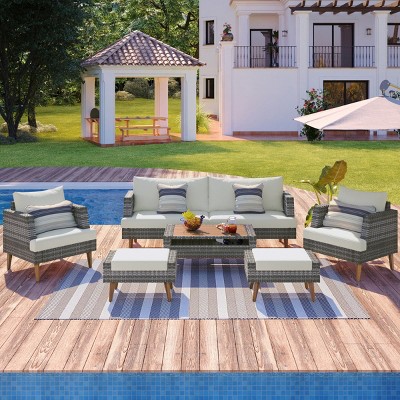 6 Piece Modern Outdoor Garden Wicker Sofa Set,Rattan Patio Conversation Sets with Cushions,Wood Legs Modular Patio Sectional Sofa Set-Coolbibila
