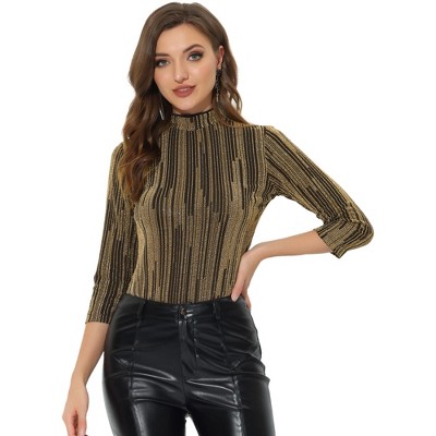 INSPIRE CHIC Women's Party Glitter 3/4 Sleeve Stand Up Neck Shiny Striped Metallic Blouse