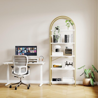 5 Tiers Bookshelf, Arched Display Racks, Metal Frame Modern Storage Rack Shelf Large Wood Book Shelf,for Bedroom, Living Room, Home Office