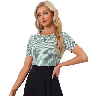 Allegra K Women's 1950s Round Neck Short Sleeve Gingham Tops