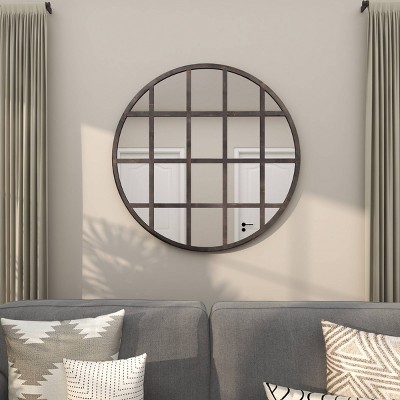 Metal Wall Mirror with Grid Frame Black - CosmoLiving by Cosmopolitan: Industrial Style, 36" Round Iron Mounted