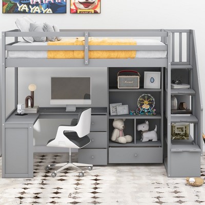 YOOCOZZ Twin Size Loft Bed with Built-in Desk, Drawers, Shelves and Staircase Storage
