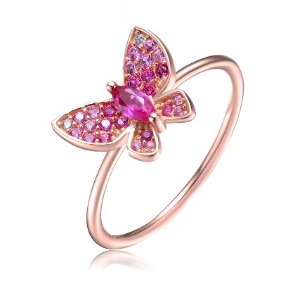 Guili Sterling Silver Ring with Rose Gold Plating and Ruby Cubic Zirconia Butterfly Design in Sizes 3, 4, 5, 6, 7, and 8 – Charming, Elegant Look
