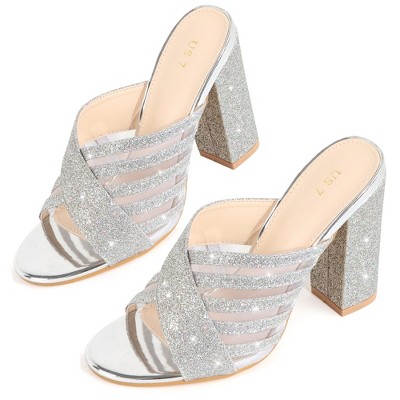 BLISSFUL STEP Women's Glitter Chunky Heel Open Toe Slide Sandals