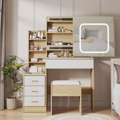 Vanity Desk with Mirror and LED Lights, Makeup Vanity Desk with Sliding Lighted Mirror, Dressing Table with 4 Drawer