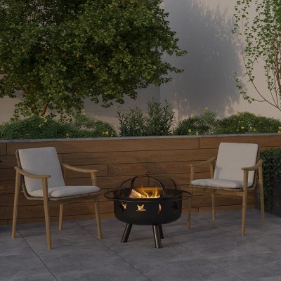 Emma and Oliver 29" Round Outdoor Wood Burning Iron Firepit With Mesh Spark Screen with Sun & Moon Ventilation Cutouts