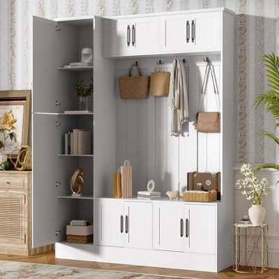 KTMBDW 79" Modern Hall Tree with Shoe Storage, Entryway Bench with 6 Cabinets, 4 Hooks, Mudroom Coat Rack Cabinet