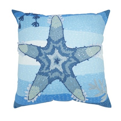 Saro Lifestyle Outdoor Embroidered Starfish Pillow Cover, 20"x20", Blue