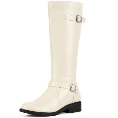 BLISSFUL STEP Buckle Chunky Low Heel Side Zipper Knee High Riding Boots for Women