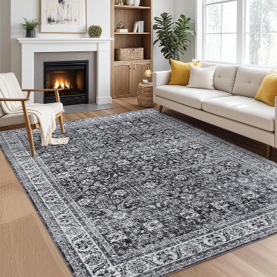 Washable Area Rugs Soft Vintage Floral Large Rug Foldable Low Pile Indoor Floor Carpet Farmhouse Non-Slip Throw Rugs Dining Room Charcoal