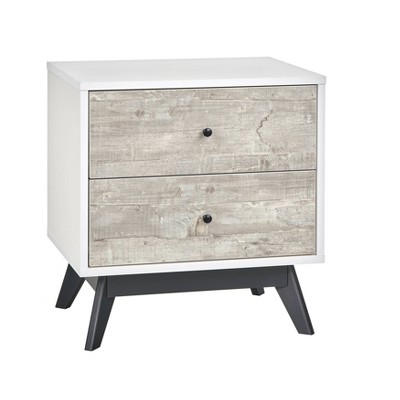 Crislana Mid-Century Nightstand White/Weathered Gray - Buylateral: 2 Drawers, Black Metal Pulls, Storage