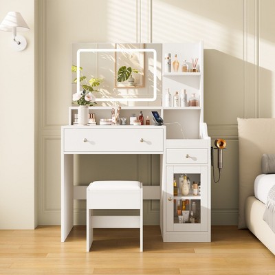 HYLEORY Vanity Desk with Mirror, Power Outlet, Hair Dryer Bracket, Makeup Table with 2 Drawers,3 Color Modes Available for Bedroom
