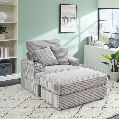 VASIP 39-inch Spring upholstered armchair and Ottoman set - comfortable single sofa with cup holder and corduroy fabric