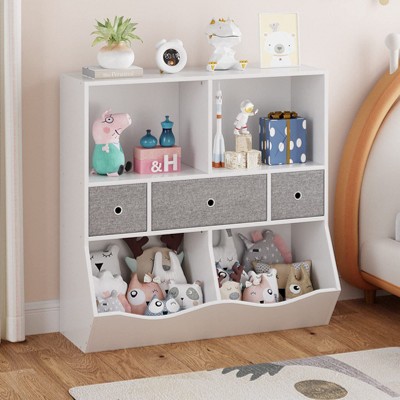Kids Toy Storage Organizer, Kids Bookshelf with 2 Bookshelfs, 3 Removement Drawers and 2 Cubbies