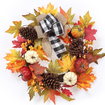20 Inch Fall Wreath for Front Door, Farmhouse Autumn Decorations for Home, Pumpkin Maple Leaves Wreath for Indoor Outdoor Porch Decor