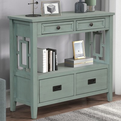 NicBex 4 Drawers Console Table with 1 Storage Shelf,Entryway Table with Round Knobs and Hidden Handles,Modern Couch Table for Living Room,Retro Blue