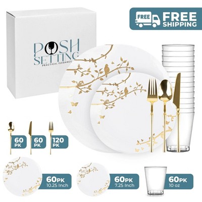 Posh Setting 420 Piece White And Gold Plastic Party Bundle - Spring (60 Settings)